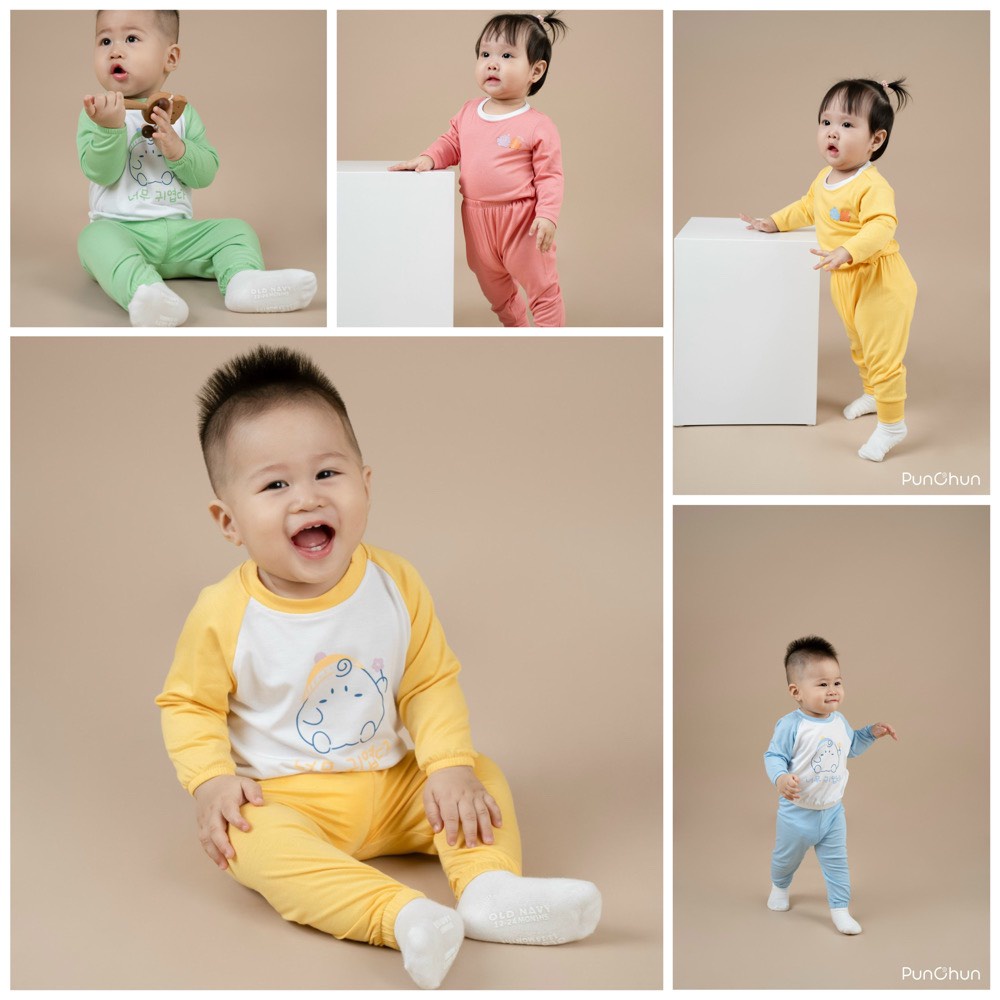 Punchun- Bộ quần áo dài tay Thu Đông, mặc điều hòa chất liệu cotton mềm mát cho bé trai bé gái