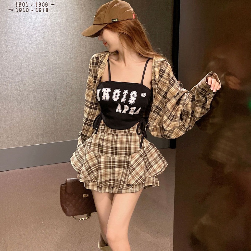 Set Áo Sơ Mi + Áo Khoác + Chân Váy + Áo Hai Dây Họa Tiết Kẻ Sọc Thời Trang Mùa Xuân Mới Cho Nữ