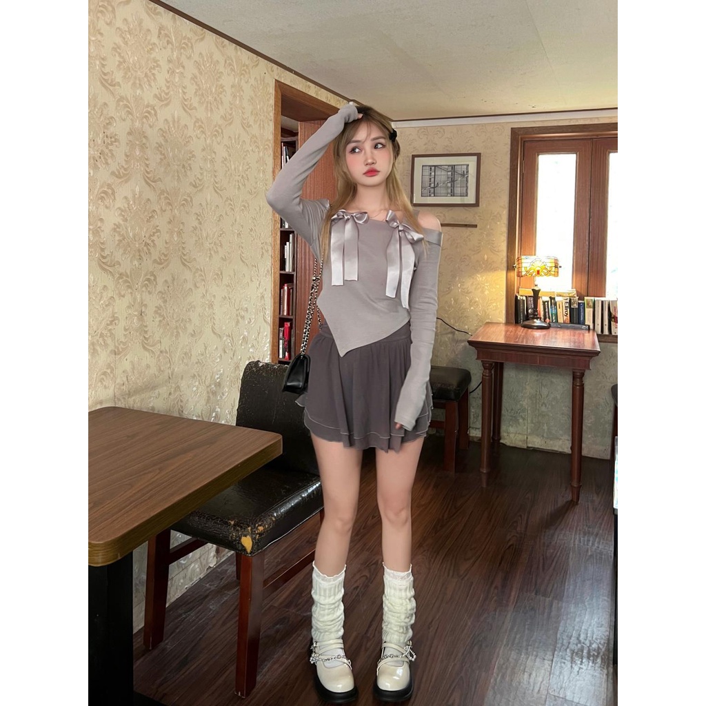 XIYUYI Áo Kiểu Ba Lê Ôm Dáng Tay Dài Hở Vai Phối Ruy Băng Nơ Cho Nữ