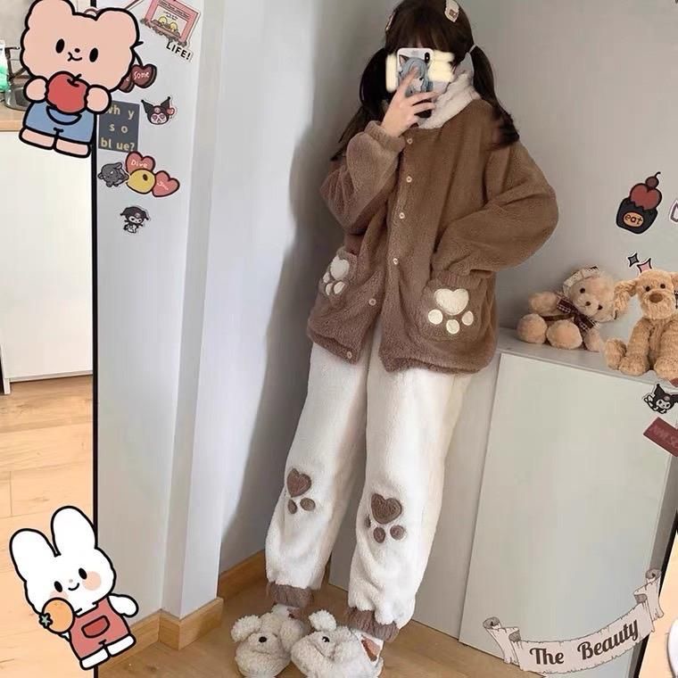 Bộ Đồ Ngủ Lông Cừu Mũ Bèo ANN NHIÊN Dày Dặn, Mềm Mịn, Dễ Thương Form Rộng 62kg dưới m65