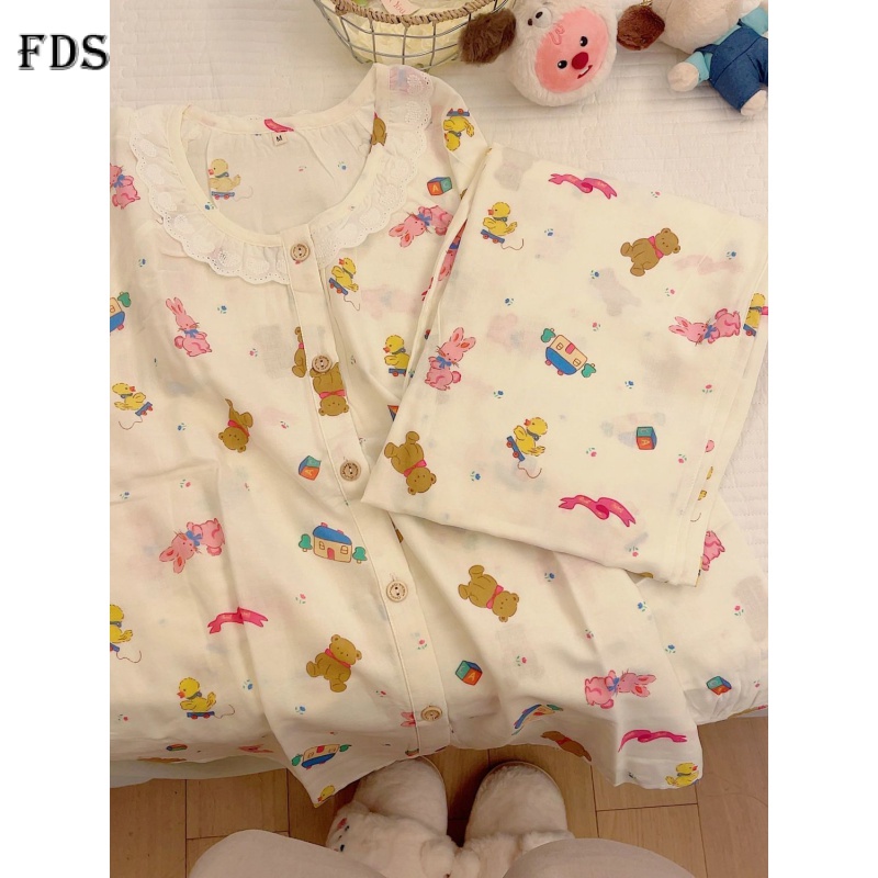 Bộ đồ ngủ FDS tay dài in họa tiết gấu hoạt hình dễ thương phong cách Nhật Bản thời trang xuân thu cho nữ