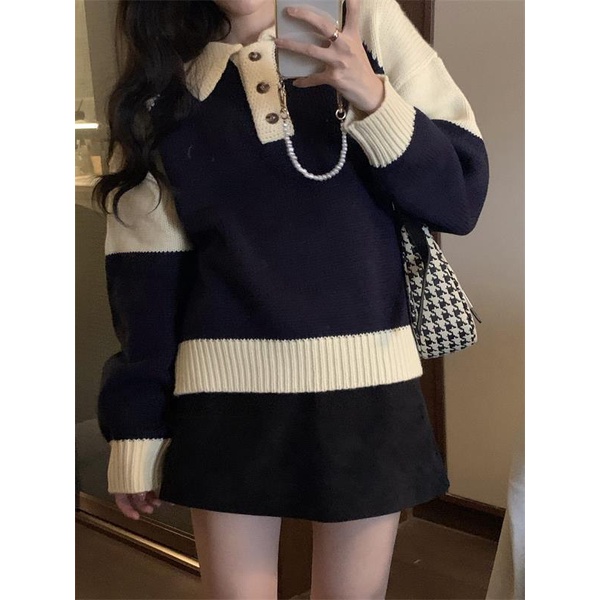Áo sweater Dệt Kim Phối Màu Tương Phản Thời Trang Mùa Thu Cho Nữ