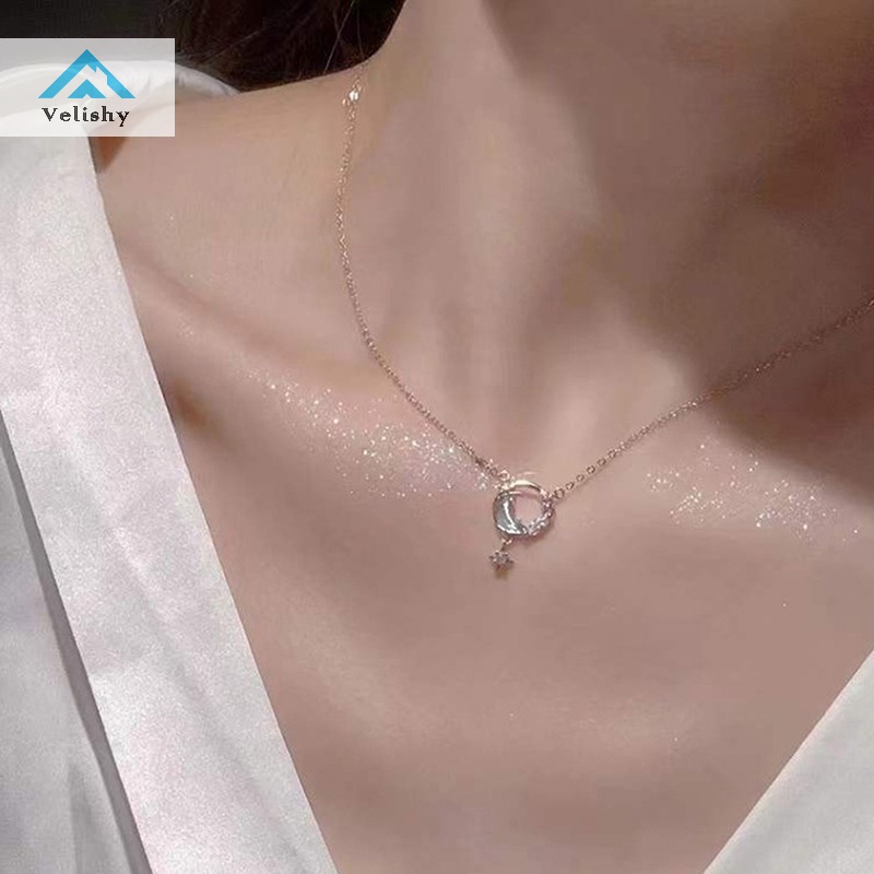 Velish Vòng cổ Mặt Hình Mặt Trăng Rỗng Màu Bạc Thời Trang Hàn Quốc Cho Nữ