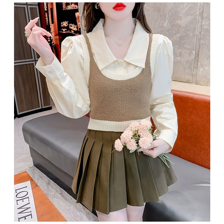 Bộ Áo Sơ Mi Tay Dài + Áo vest Dệt Kim Dáng Ngắn Màu Sắc Tương Phản Thời Trang Mùa Thu 2023