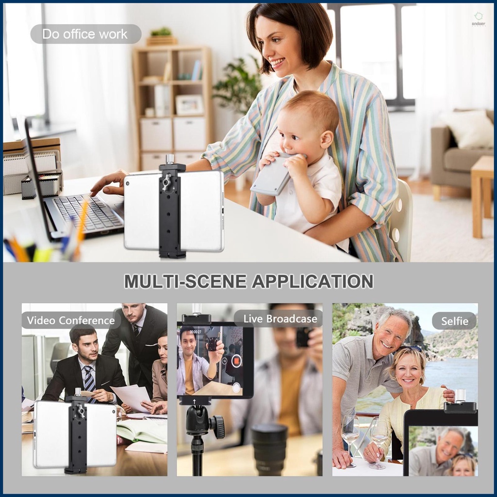 Adjustable Tablet Tripod Mount Holder - Aluminum Alloy, Cold Shoe Mount, 1/4in Threaded Holes - Compatible with Smartphone iPhone 13/12/11 iPad