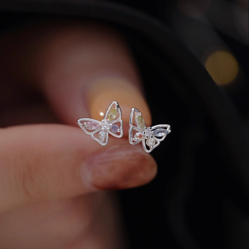 We flower Bông Tai Mạ Bạc 925 Hình Bướm Đính Pha Lê Nhiều Màu Phong Cách Hàn Quốc