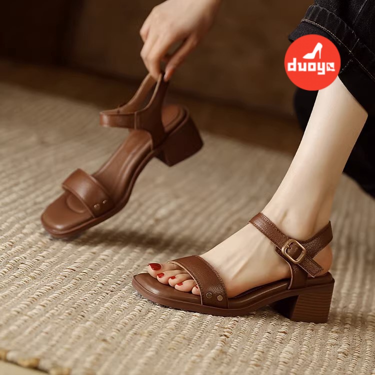 Duoya Tóc Thẳng ~  Giày Sandal Hở Ngón Gót Dày Hở Ngón Chân Mùa Xuân La Mã Có Khóa Cài Thời Trang Cho Nữ Miễn Phí Vận Chuyển