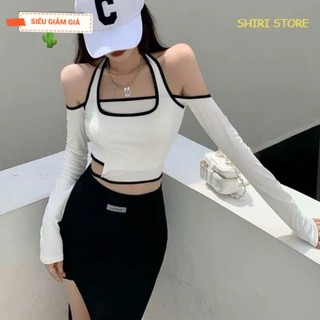 Áo croptop trễ vai tay dài cổ yếm phối dây cá tính