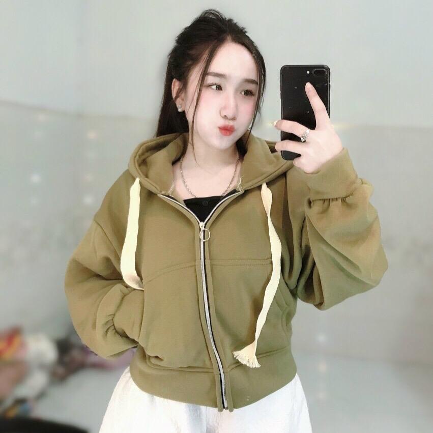 Áo khoác nữ lửng nỉ cotton nón rộng dây nón to