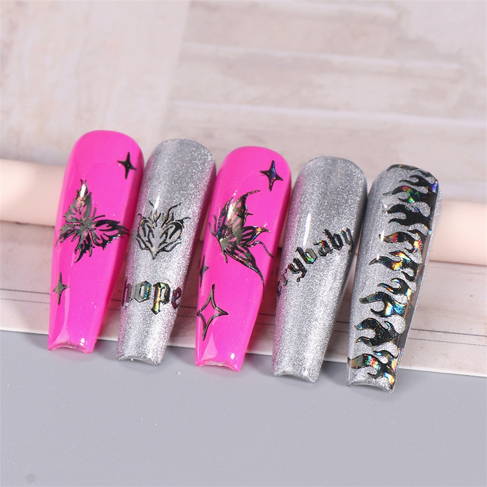 ♕ Nail Art Butterfly Nail Sticker Màu đen và trắng Laser lỏng hình con bướm cong Ngôi sao lấp lánh mịn Nhãn dán trang trí móng tay Công cụ làm móng tay cho cửa hàng làm móng NỘI THẤT