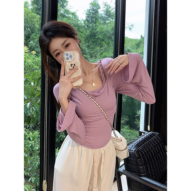 Áo Thun Tay Dài Cổ Vuông Dáng Ôm Thời Trang Mùa Thu Hàng Mới Dành Cho Bạn Nữ