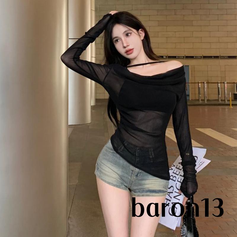 Xo8k-bộ 2 Món Áo Tay Dài Hở Vai Cổ Yếm Xuyên Thấu Cơ Bản Dành Cho Bạn Nữ