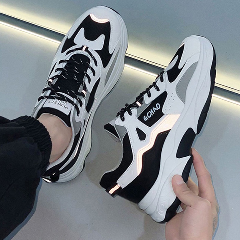SHANMUSENLIN☘Giày thể thao  phối lưới màu trắng thoáng khí tăng chiều cao 5CM cho nam sinh trung học khi chạy bộGiày nam Thể thao Thư giãn Thời trang