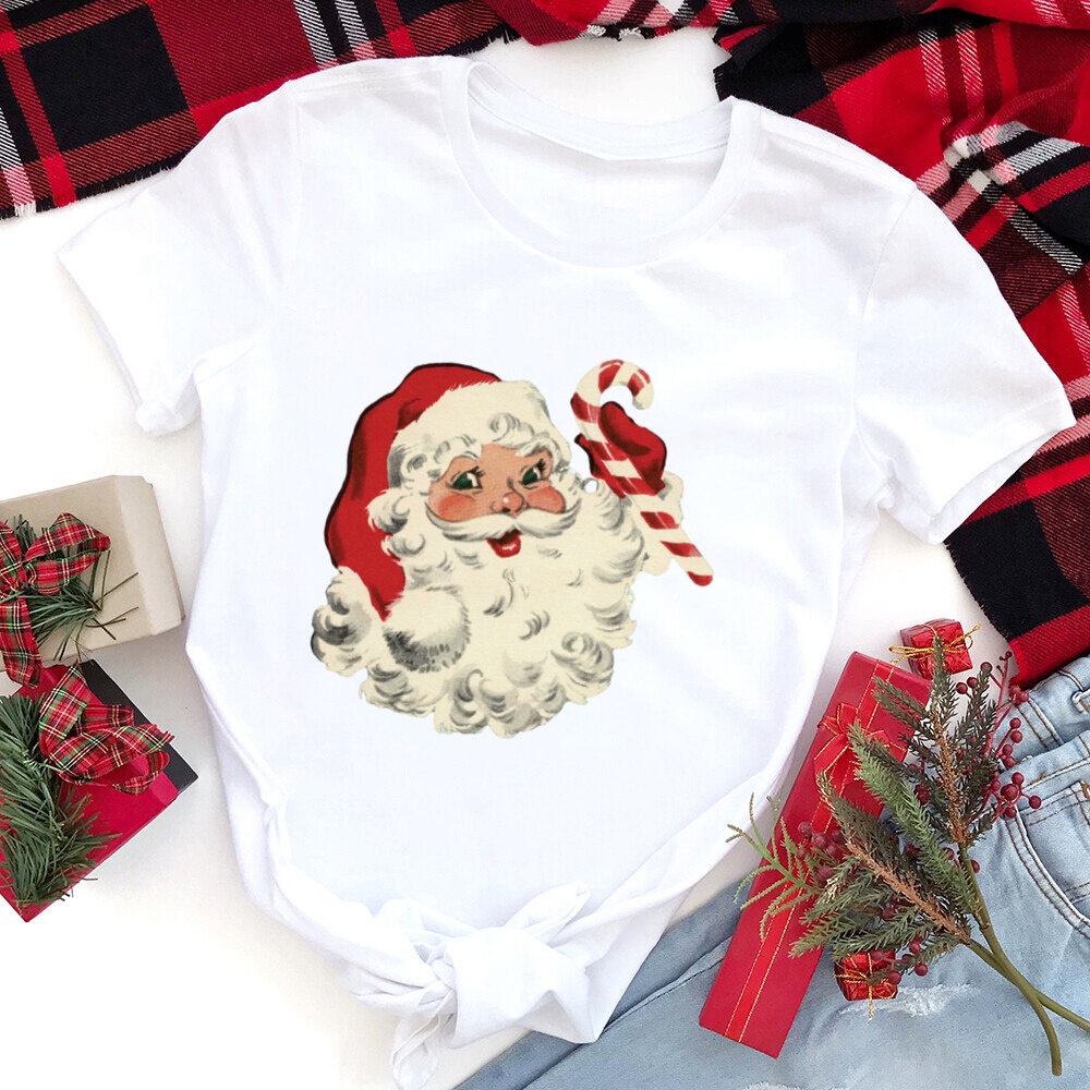 Thời Trang Áo Thun Tay Ngắn Màu Trắng In Hình Bông Tuyết Giáng Sinh Dễ Thương Cho Nữ