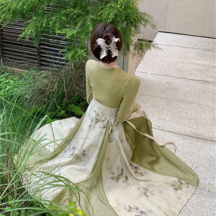 Đầm Chữ a Tay Dài Cổ Vuông Phong Cách Trung Hoa Mới Cho Nữ