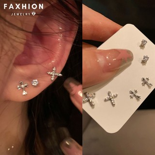 Faxhion Y2K 3 Cặp / bộ Chữ Thập Bướm Trái Tim Bông Tai Zircon Bạc Bông Tai Dành Cho Nữ Trang Sức Phụ Kiện