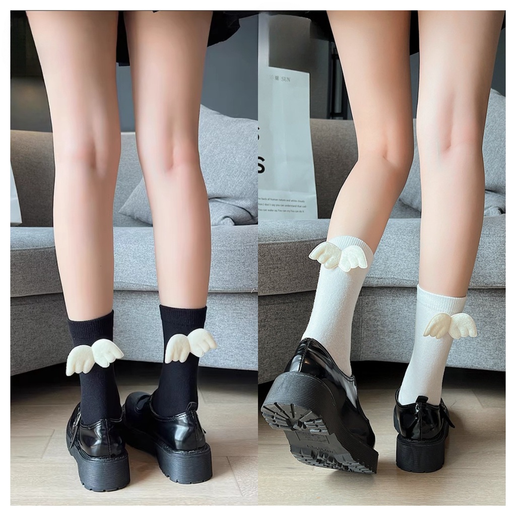 Vớ cotton Cổ Cao Họa Tiết Đôi Cánh Thiên Thần Phong Cách lolita Dễ Thương Đen