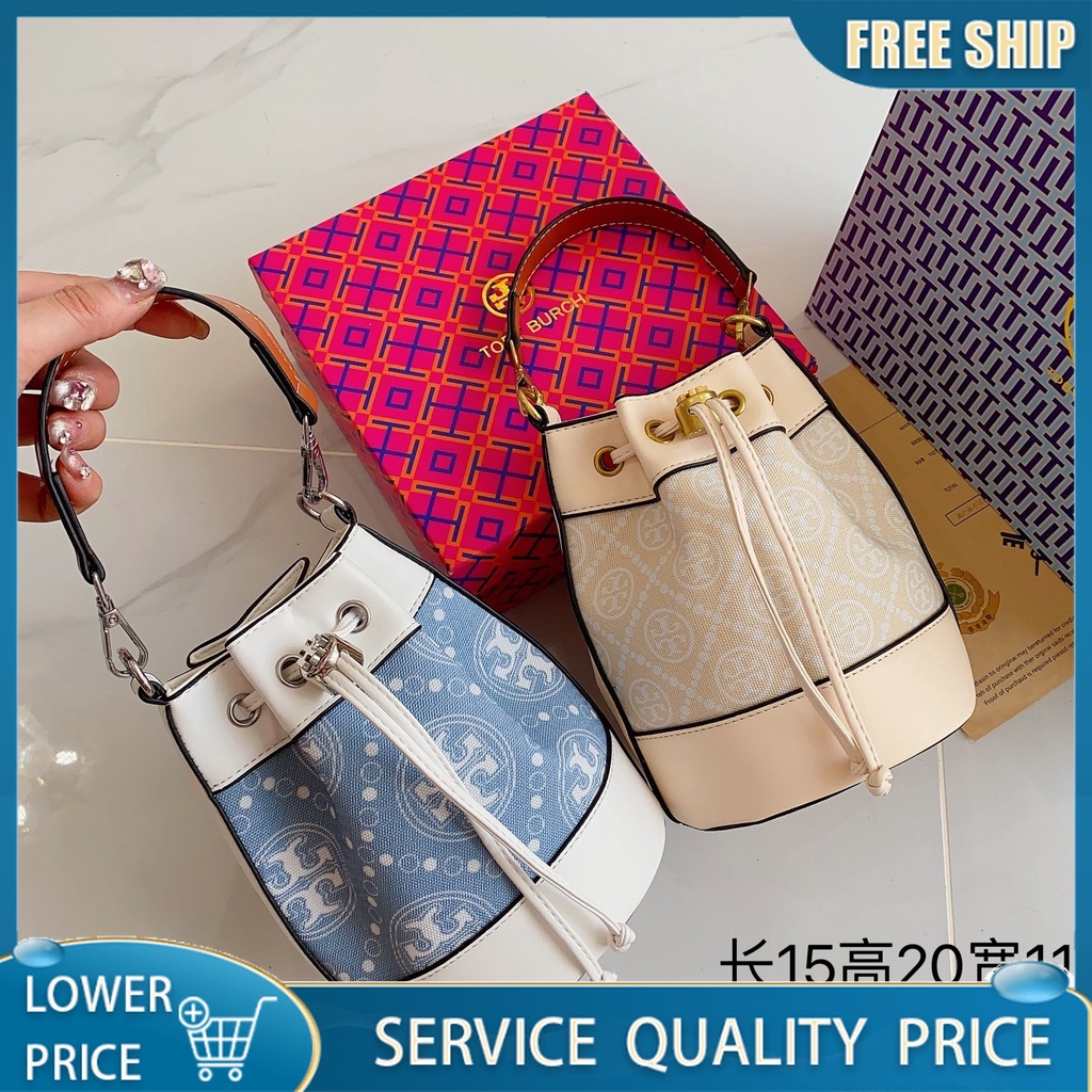 Túi đeo Chéo Xô Có Hộp TORY BURCH Da PU Túi Xách Xách Tay Mới Vintage Quà Tặng Túi đeo Vai Dây Rút Cho Bạn Gái