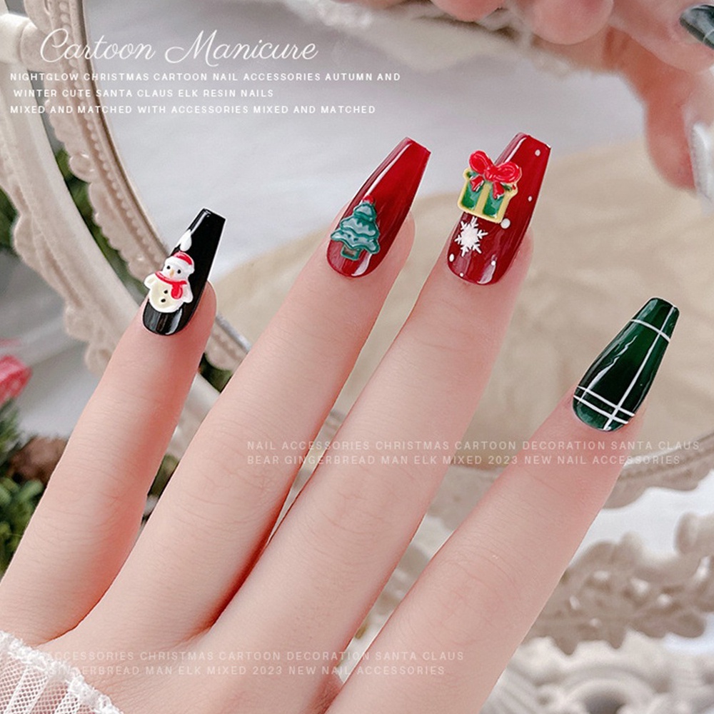 ♕ 20 cái Nail Art Giáng sinh Đồ trang sức dạ quang Ba chiều Santa Elk Nhựa Kim cương Phim hoạt hình dễ thương Trang trí móng tay Công cụ làm móng tay cho cửa hàng làm móng NỘI THẤT