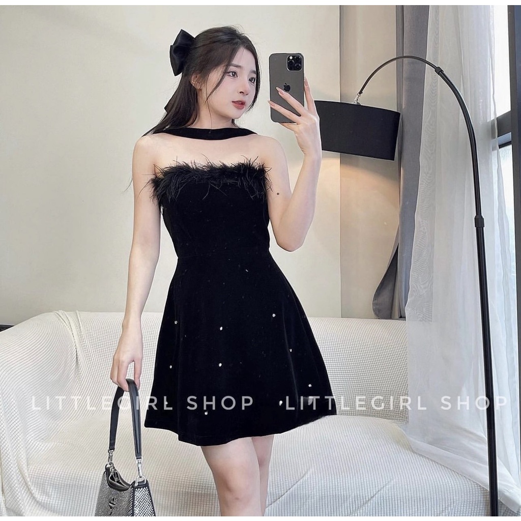 ĐẦM ĐEN ĐÍNH ĐÁ PHỐI LÔNG VŨ CHOÀNG YẾM SAU