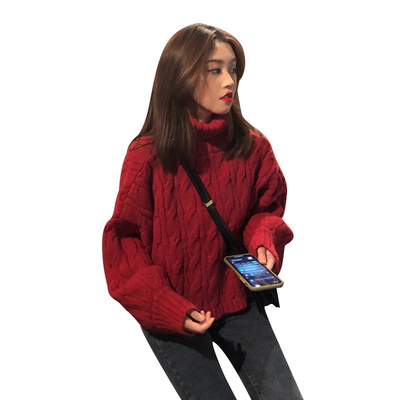 Mới Áo sweater Dệt Kim Dày Dặn Cổ Cao Màu Đỏ Khoai Tây Chiên Cho Nữ