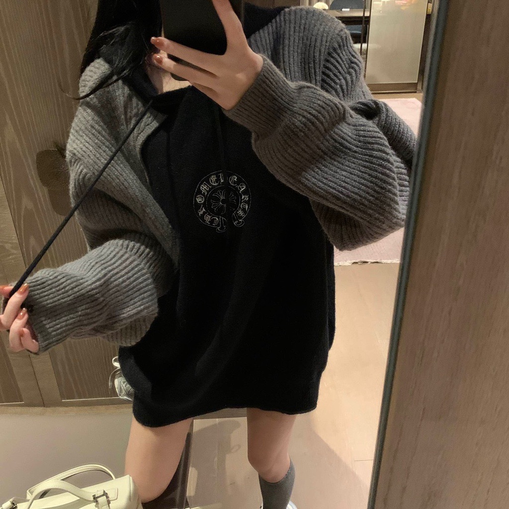 Chrome Hearts 23 autumn and winter New color matching embroidered leather label sweater women's casual fashion all-match hooded sweater women's simple