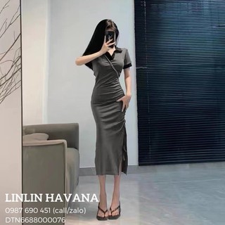 [Có sẵn] [Giá hủy diệt] Đầm Midi Tay Ngắn Xám Viền Đen Rút Dây Một Bên