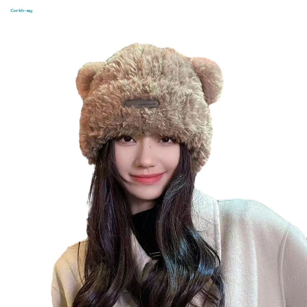 Mũ beanie Màu Trơn Đính Tai Gấu Hoạt Hình Bằng Vải Bông Mềm Mại Ấm Áp Thời Trang Mùa Đông Cho Nữ