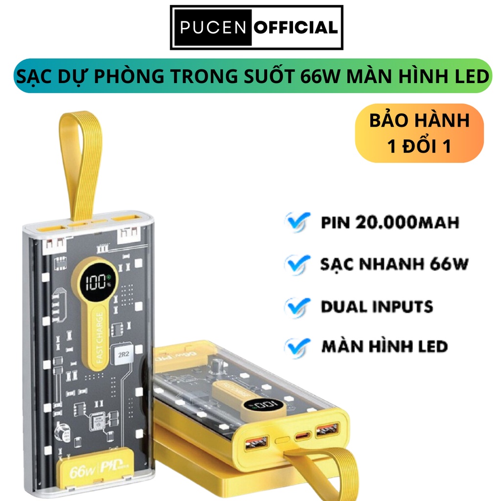 Pin sạc dự phòng trong suốt sạc nhanh Y698 đèn led sạc nhiều thiết bị dung lượng lớn lên đến 20000mAh PUCEN