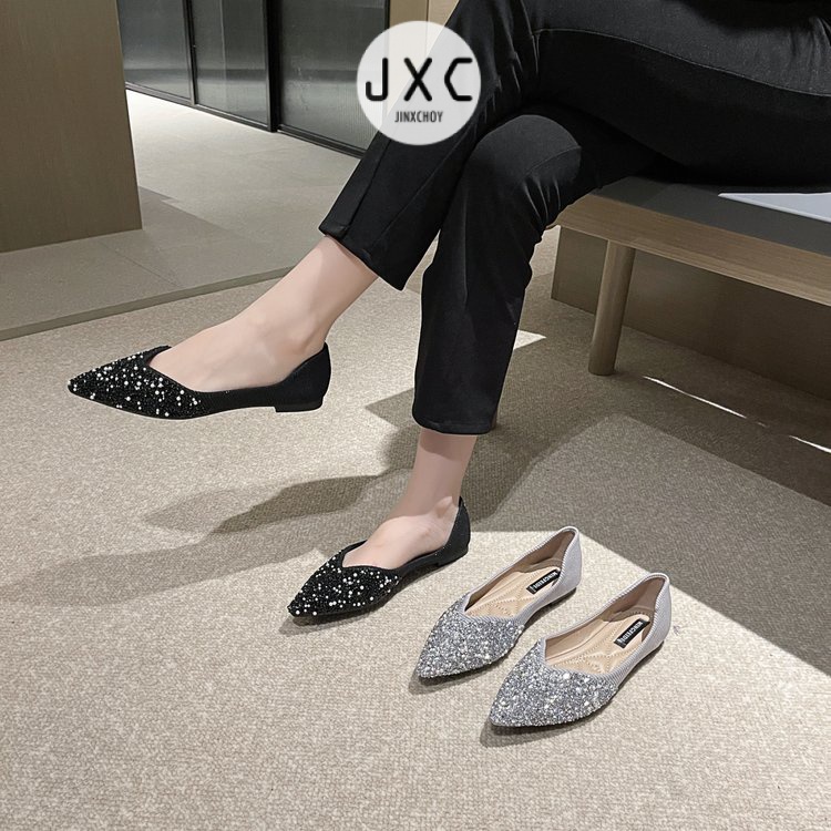 Mới Giày Lười Da pu Gót Thấp Mũi Nhọn Đính Sequin Lấp Lánh Thời Trang Cho Nữ