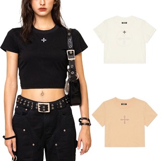 Smink Autumn New Cruciate Flower Retro Slim Fit Tee Light Sand Cotton Short Locomotive Style Short Sleeve Hot Girl T-shirt