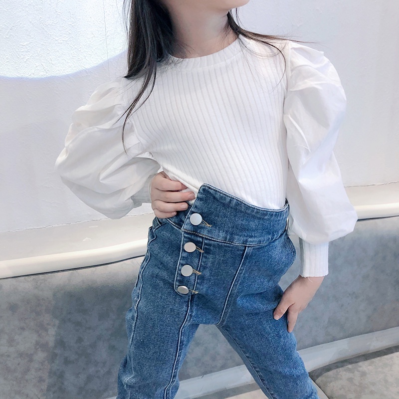 Áo Thun cotton Tay Dài Phồng Thời Trang Xuân Thu Dành Cho Bé Gái 3-7 Tuổi