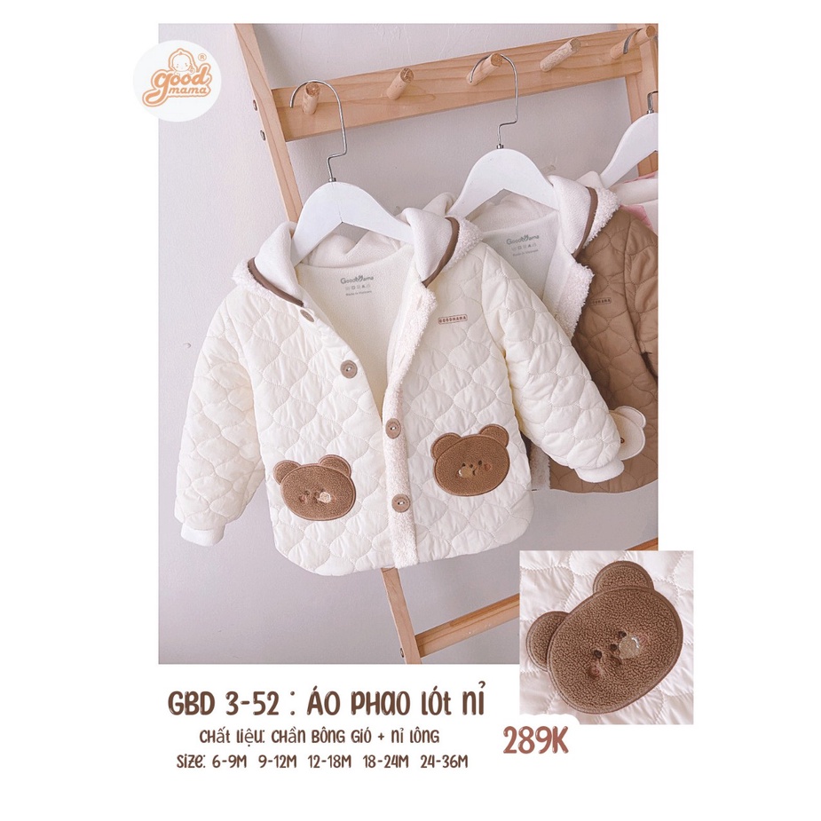 Áo khoác phao nỉ lót lông Goodmama mềm mịn ấm áp cho bé từ 6 tháng đến 3 tuổi
