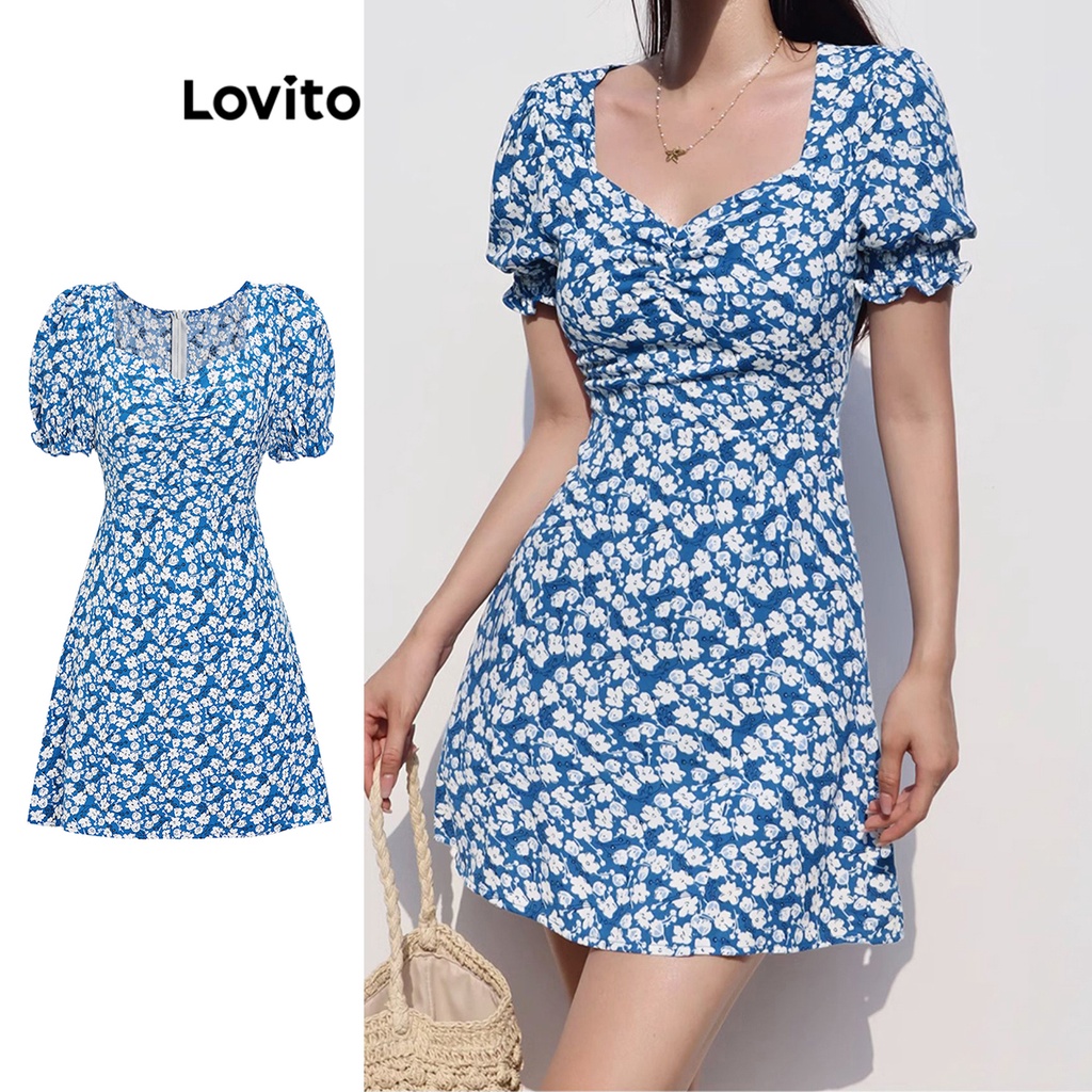 Đầm Lovito xếp ly hoa nhí tay phồng thường ngày cho nữ L62ED140 (màu xanh dương)