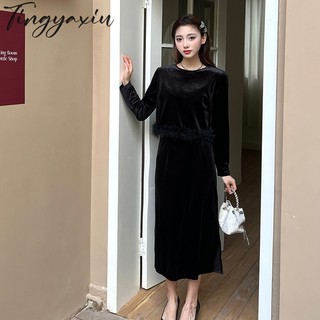 Set Áo Nhung Dài Tay Kèm Chân Váy Xẻ Tà Thời Trang Thu Đông Mới Cho Nữ