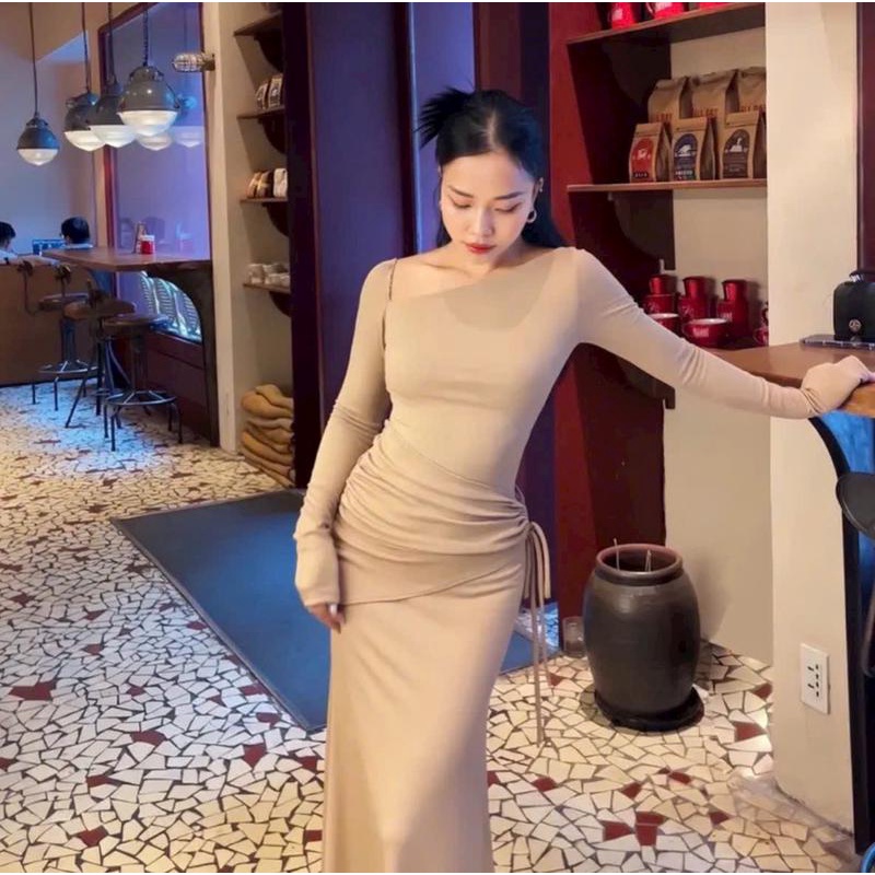 Đầm Ôm Body Tay Dài Rút Dây Hông Gân Lạnh From Dài Nữ Tính Dịu Dàng Thanh Lịch Sang Trọng Dễ Thương.