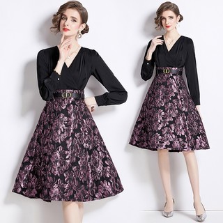 Đầm Satin Giả Hai Mảnh Cổ Chữ V Thời Trang Cao Cấp