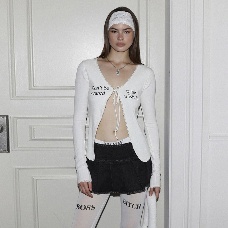 Áo Thun Tay Dài Dáng Ôm In Họa Tiết Cột Dây Phong Cách Mỹ Cho Nữ