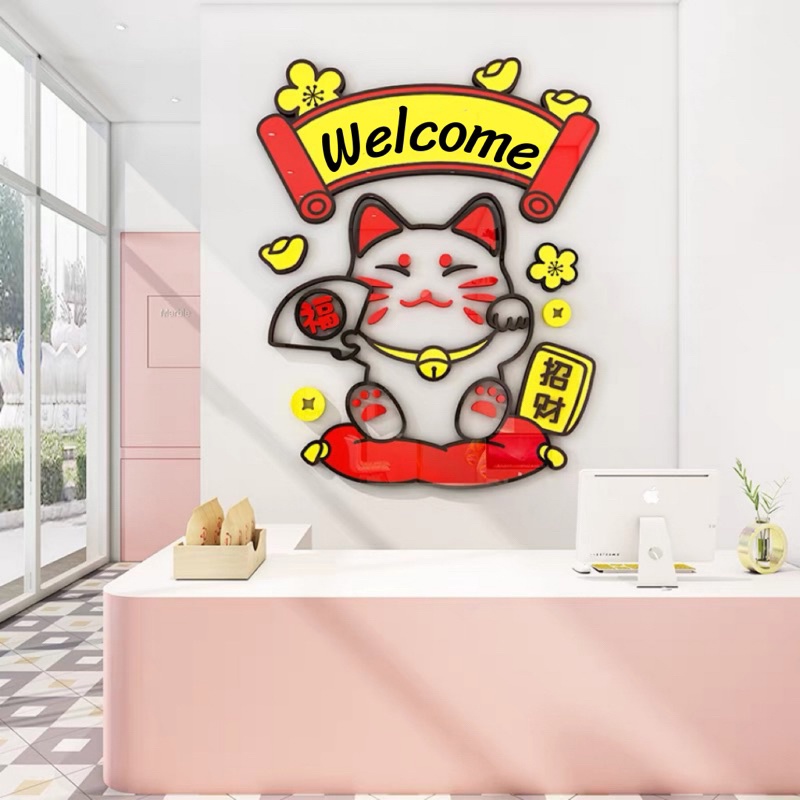 Tranh dán tường mica dán nổi mèo thần tài có đệm trang trí khai trương, phòng khách, quán cafe, trà sữa,dán cửa ngày tết