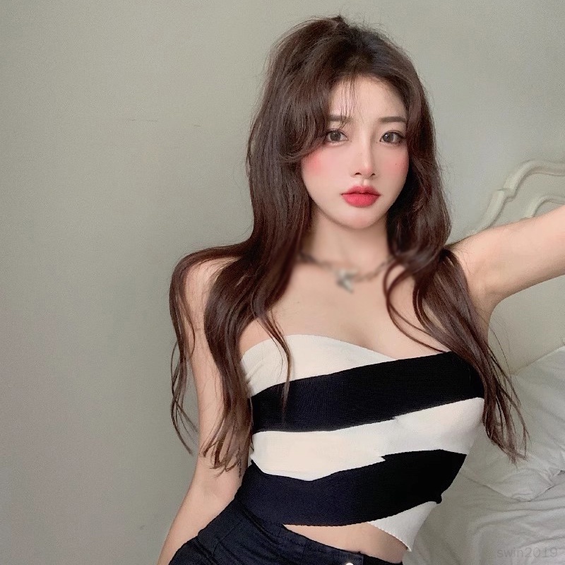 Áo Croptop Dệt Kim Sát Nách Kẻ Sọc Màu Tương Phản Kiểu Hàn Quốc Thời Trang Mùa Hè Cho Nữ