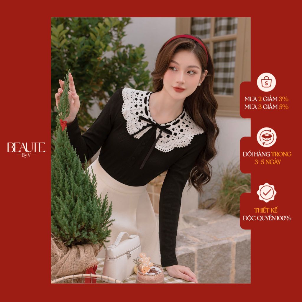 BEAUTEBYV - Áo len tăm nữ phối cổ ren đính nơ nhung Velvet