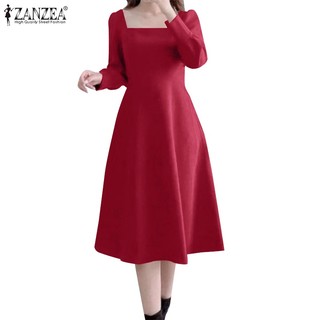 Zanzea Đầm Nữ Tay Dài Cổ Thuyền Màu Trơn Phong Cách Hàn Quốc