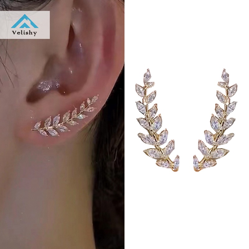 Velishy Bông Tai Hình Chiếc Lá Đính Đá Lấp Lánh Thời Trang Cho Nữ