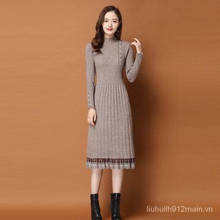 Hàng Mới Về Đầm Sweater Dệt Kim Phối Ren Dáng Dài Qua Gối Thời Trang Thu Đông 2023 Chất Lượng Cao