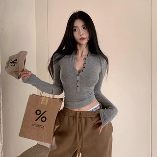 Áo Thun Tay Dài Cổ Chữ V Dáng Ôm Thời Trang Dễ Phối Đồ Cho Nữ