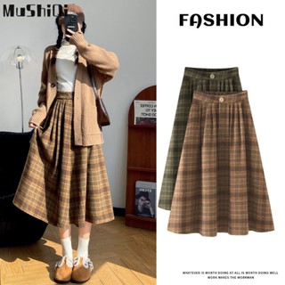 Mushiqi Chân Váy Len Dáng Chữ A Lưng Cao Họa Tiết Sọc Caro Phong Cách retro Thời Trang Cho Nữ