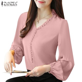 Zanzea áo kiểu tay phồng cổ chữ v màu trơn thời trang hàn quốc cho nữ