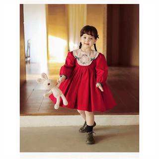 Đầm đỏ nơ xanh cho bé gái 
