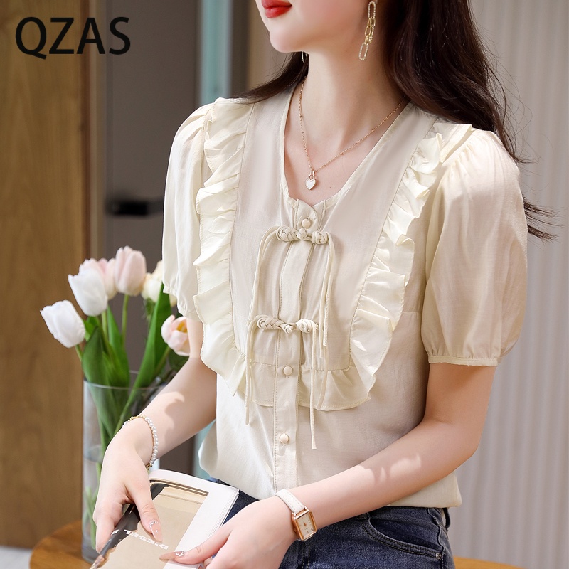 Áo Voan Ngắn Tay Phối Bèo Họa Tiết Thổ Cẩm Xinh Xắn Thời Trang 5919