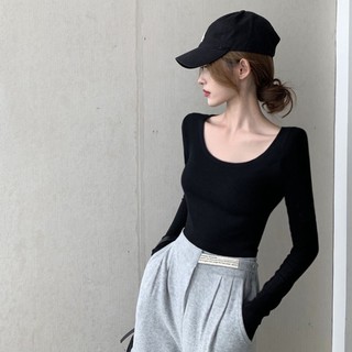 iMaodou Áo Thun Nữ Tay Dài Cổ Chữ u Màu Đen Trơn Thời Trang